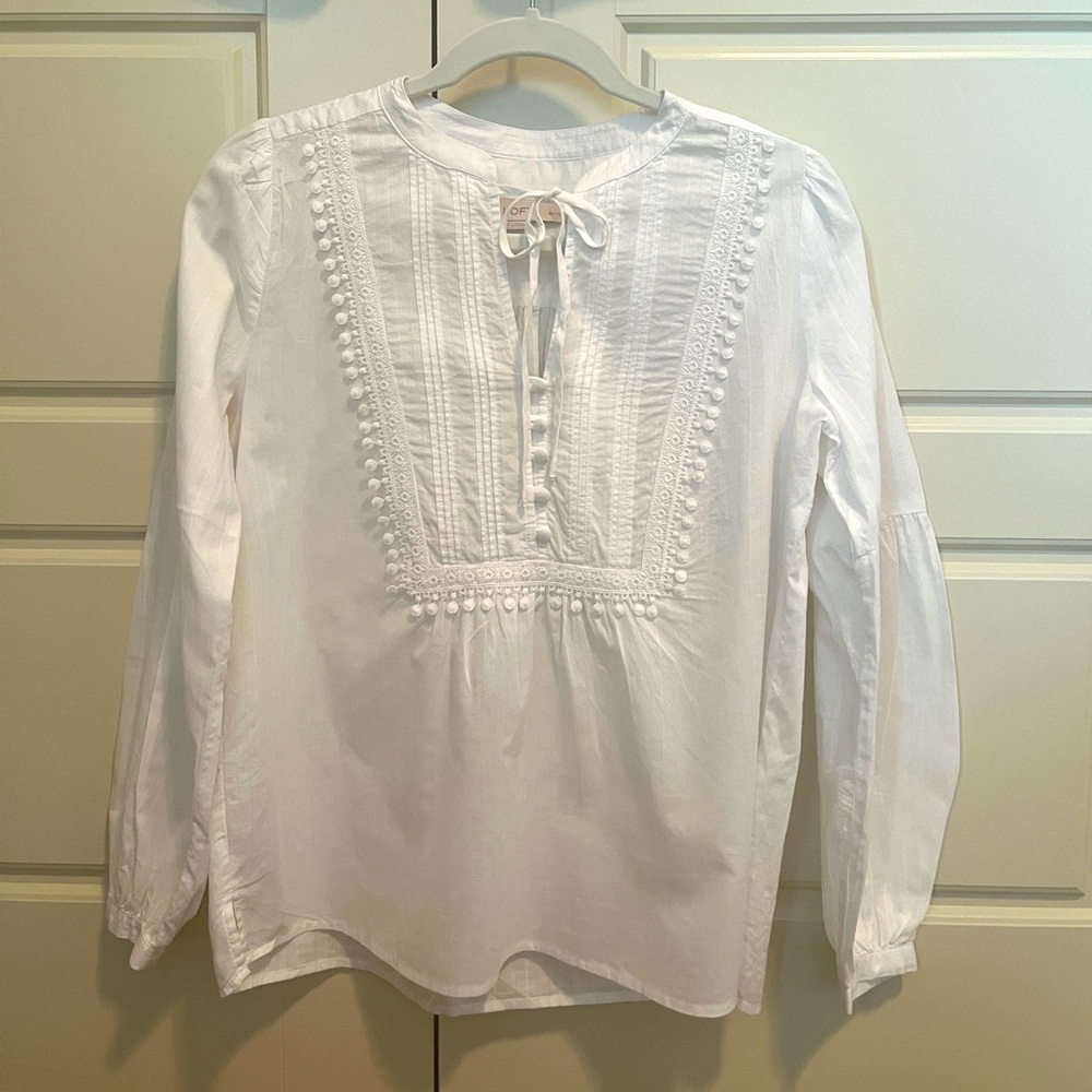 Loft white long sleeve blouse with tie front and decorative front. PS